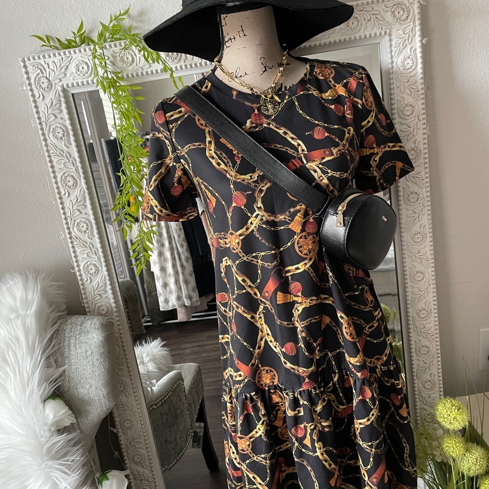 Zara Chain Print Dress Mini Black New Small